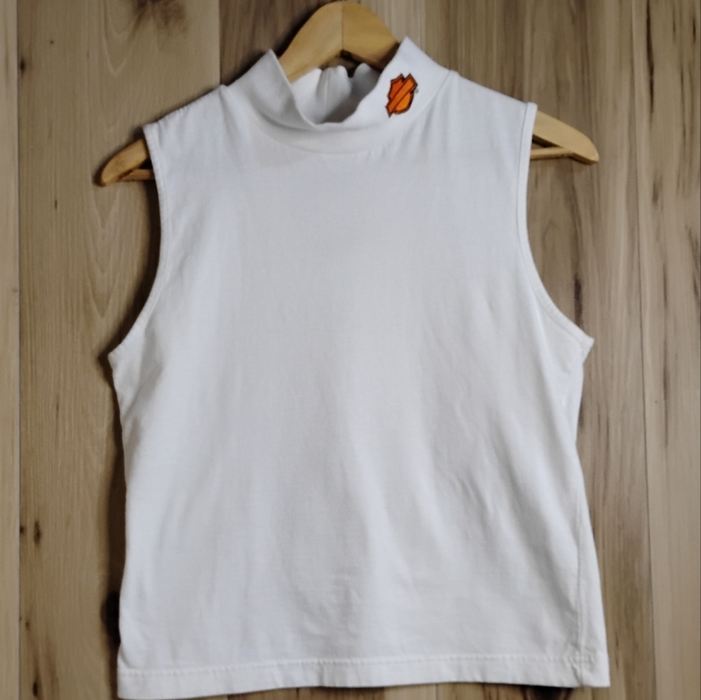 Harley-Davidson White Fitted Collar Sleeveless Top Orange Logo Women's Size Sm